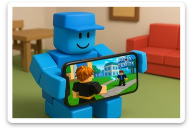 Cancer playing Blox Fruits on phone, Roblox style, blue character sticker