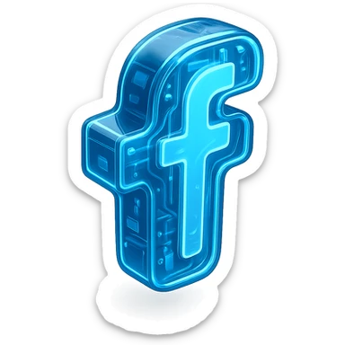 Futuristic Facebook logo, glossy circuit style, luminous blue highlights, transparent background sticker