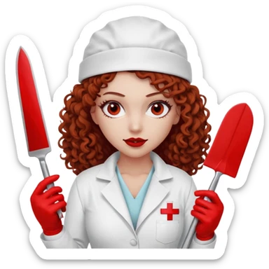Scary woman scalpel in hand, evil surgeon sexy surgeon clothes.  She has red eyes. Her  brown long curly hair. Wears sexy doctor outfit with red gloves. make her wear red ski mask  to hide. Wears white surgeon jcketneb sticker