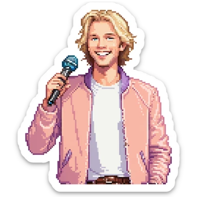 Pixel art style, expressive male performer, Caucasian features, tousled sandy blonde hair, lively eyes, wide cheerful smile, wearing a coral violet jacket over white tee, tossing a microphone in one hand, waist-up, front-facing sticker