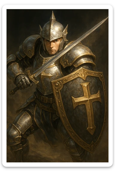 FFXI Paladin, shining armor, defensive stance, shield forward, fantasy game art sticker