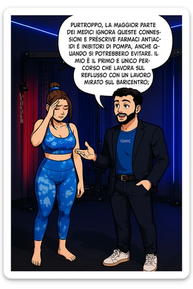 TRASFORMA QUESTO CAROSELLO IN UN FUMETTO STILE WEBTOON/MANGA A COLORI CON QUESTE DUE PERSONE IDENTICHE CHE INTERLOQUISCONO TRA LORO, L'uomo sta spiegando alla donna questo concetto MENTRE LA DONNA SI TIENE la mano sulla fronte sconcertata:

LUI (UOMO): Purtroppo, la maggior parte dei medici ignora queste connessioni e prescrive farmaci antiacidi e inibitori di pompa, anche quando si potrebbero evitare.
Il mio è il primo e unico percorso che lavora sul reflusso con un lavoro mirato sul baricentro; sticker