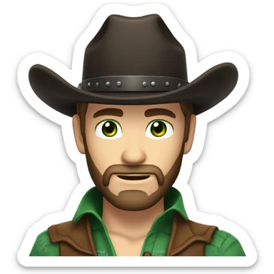 Caucasian male with green eyes, a dark brown beard dressed as a cowboy with short hair, western hat black sticker