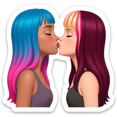 femme lesbians kissing, both pale white, one has long blue and pink hair, the other has long burgundy hair with streaks of blonde and pink at the front sticker