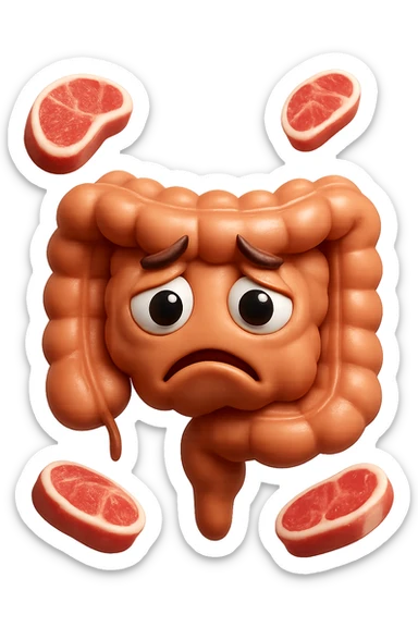 emoji stile iphone in 3d di un intestino triste con fette di carne che gli fluttuano intorno, gli occhi falli con la parte bianca pure, iperrealistico 4k sticker