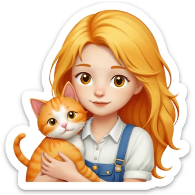 Caucasian girl - long yellow hair - white suspenders - hugging - a orange cat sticker