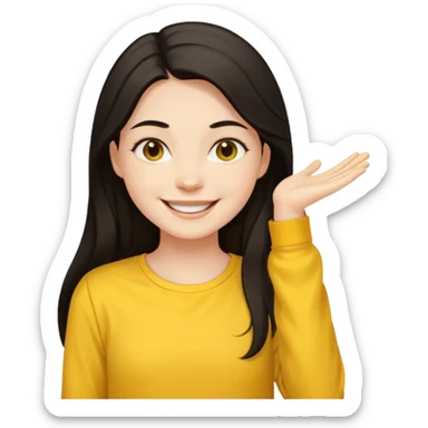 girl on her laptop, long dark hair white skin and yellow shirt long sleeves, smiling sticker