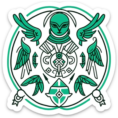 Ancient Maya symbols for message sending and receiving, stylized with authentic Maya animal messengers. Only dark green (#013220) lines on white background, geometric sticker