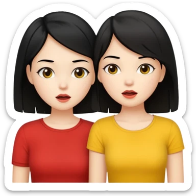 2 girls gossiping. both are fair and have black hair. One has short hair, one has long. One is wearing yellow, one is wearing red sticker
