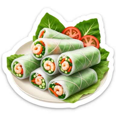 Cinematic Realistic Vietnamese Summer Rolls Dish Emoji, depicted with delicate rice paper wraps filled with fresh vegetables and shrimp rendered with crisp textures and refreshing lighting. sticker