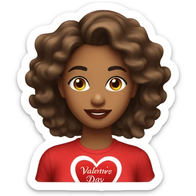 brown lady, medium brown long wavy hair, bright red lips, eyelashes, wearing red “happy Valentine’s Day” t shirt sticker