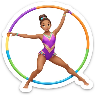 An energetic gymnast performing aerobics with a hula hoop. The gymnast is spinning the hoop around their waist in an elegant pose. The background is a lively fitness studio with colorful lights and an active atmosphere, showcasing movement and grace. sticker