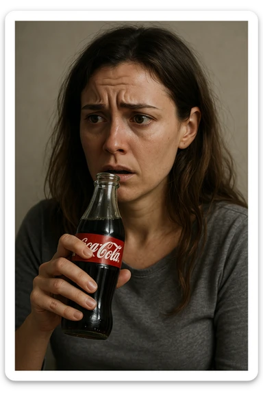 donna con ansia. Che beve coca cola. Immagini realistiche sticker