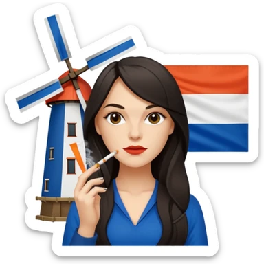 Windmill with on top ot the building a dutch flag and a white girl with dark long hair smoking a joint sticker