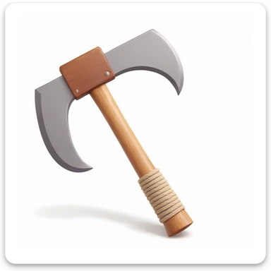 3D emoji style cartoon Stone Age hand axe, primitive and sturdy, with a light brown wooden handle, thick rope, and a gray stone blade. Clean white background, soft shadows, and glossy highlights for a 3D emoji look. sticker