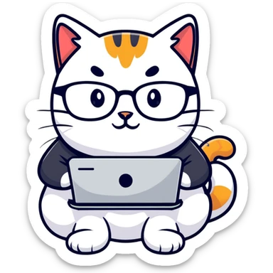 cat with glasses and a computer in its paws sticker