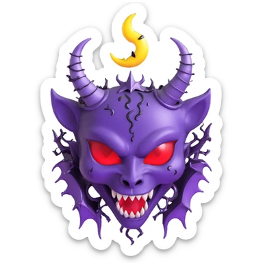 devil heart made of deep purple glass with large devil horns, curled tail, black rose crown, silver crescent moon, electric lightning, glossy rain, shattered glass sticker