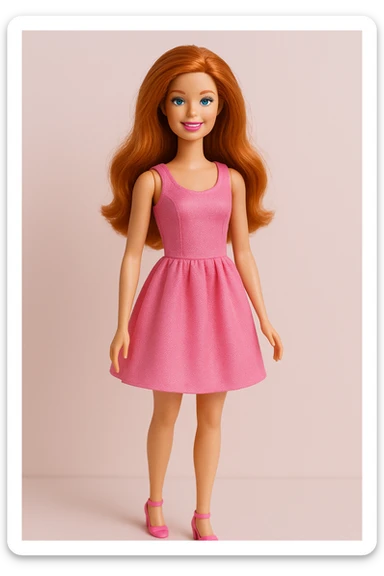 Barbie doll with long ginger hair, pink dress, smiling, standing pose sticker