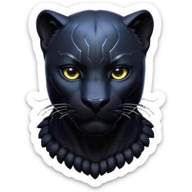 Cinematic Noble black Panther Portrait Emoji, Poised and regal, with a sleek, muscular build draped in glossy, midnight-black fur and piercing, luminescent eyes, Simplified yet sharp and sophisticated features, highly detailed, glowing with a soft, mysterious glow, high shine, intelligent and enigmatic, stylized with an air of stealthy authority, focused and commanding, soft glowing outline, capturing the essence of a watchful and confident jungle guardian that appears ready to prowl out of the screen with effortless authority! sticker