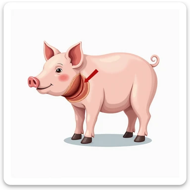 pig with a colored arrow or circle pointing to the thyroid position on the neck, no internal view, white background, illustrative style, 4K sticker