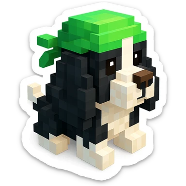 A black and white Russian Cocker Spaniel puppy wearing a green durag, voxel style, facing right sticker