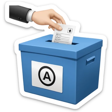 A neutral, generic symbolic image: A hand dropping a ballot paper into a simple, unmarked ballot box. The ballot shows three options only: ‘Ja, aber’, ‘Nein, aber’, and an empty field. n. sticker