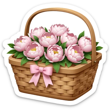 White Picnic basket with light pink bow and white peonies inside sticker