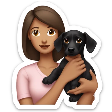 a brunette woman in a light pink shirt, with light skin, holding black dachshund puppy in her arms sticker
