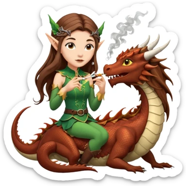 a girl with long brown hair and elf ears riding a dragon and smoking a cigarette sticker