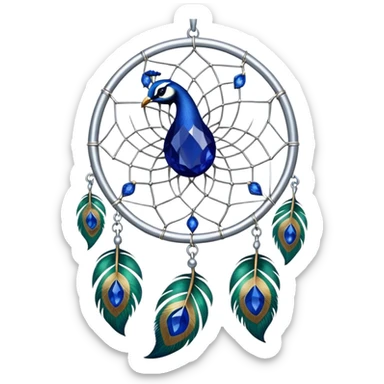a Silver Dreamcatcher with sapphire-stones and emerald-stones, and with peacock-feathers. Big sapphire gem in the middle. Many tiny emerald gems around it.   sticker