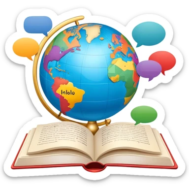 An icon showing a globe surrounded by speech bubbles with greetings in different languages, like 'Hello,' 'Hola,' and 'Bonjour.' The design includes an open book and a quill, symbolizing learning and communication. Transparent background emphasizes global connection through language. sticker