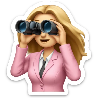 white female employee in pink suit using binoculars with long loose hair looking like secretary. must be like a portrait sticker