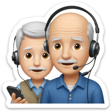 2 people talking with headsets on one is a kid one is a old man sticker