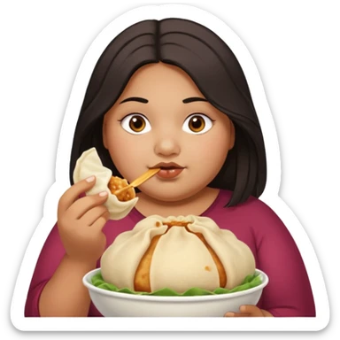 Can you create an emoji of a half Indian - half white 23 year old girl with dark brown mid length hair and brown eyes who is super obese and eating a dumpling. Can the emoji be from head to toe sticker
