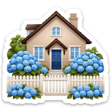 Brown house, white shutters, white fence, blue hydrangeas all over sticker