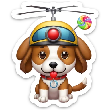 Dog with a colorful lollipop and a helicopter hat sticker