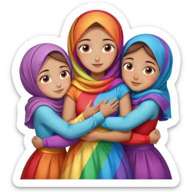 Four sister hugs Turkish girls beautiful finish Konya brown eyes with raimbow hijab and heart dress and hugs  sticker