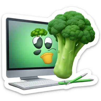Generate a creative broccoli emoji sitting in front of a computer with a stylus, designing something on a screen. sticker