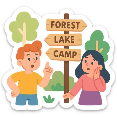 tiny wooden signpost with forest directions, pastel colors, pastel-toon style illustration sticker