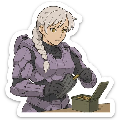 female, wearing reach spartan armor default, long white braid hair with massive messy front side single bangs, gold yellow eyes, attention pose, HALO:series, no helmet, the armor is lavender color scheme, shoulder pad off. DDD bust size fitting. Punk gothic cyberpunk, loading a magazine from a green ammo box sticker