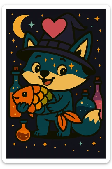 Change the witch hat on the blue fox to purple and add sparkles to the hat, keep the magical, witchy background and big pink heart, in vibrant toon style. sticker