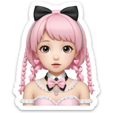 Pastel-baby-rose-pink Lolita-styled aesthetic cute kawaii choker-collar-necklace adorned with with white frills, roses, hearts, bow tie, silver chains, sakura sticker