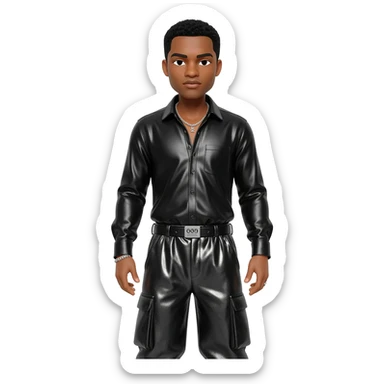 Keith Sweat, R&B Singer with black short hair, black metallic shirt, black metallic baggy pants, silver necklace sticker