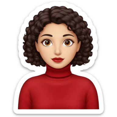 30 yr iranian woman dark brown hair curly wavy short hair, red turtle neck sweater, very thick eyebrows, light skin, dark brown eyes sticker