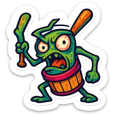 square image of absurd wooden stick-man creature, drum-like cylindrical body, holding baseball bat, cartoon style, bright vivid colors, expressive face, dynamic pose, a bit creepy yet funny,  sticker