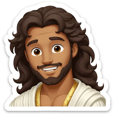 Cinematic Realistic Hercules Portrait, head tilted playfully and inquisitively, capturing the spirit of a timeless Greek hero with a warm, inviting smile. His bronze, marble-like skin and thick, wavy dark hair are rendered with classical precision, while his flowing white robe with delicate golden embellishments accentuates his muscular form. Soft natural light brings out the playful yet powerful essence of this legendary figure. sticker