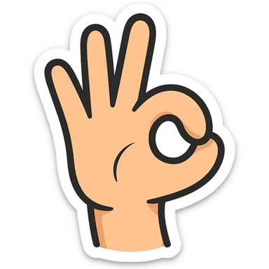 a cartoon-style hand in the 👌 pose, but the index finger is curled tightly downward like a hook, with the thumb resting over it (not making a circle), and the other three fingers extended upright, transparent background sticker
