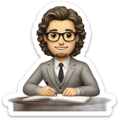 Pale skinned Fit Man With dark brown hair in gray jacket, beige office shirt and vintage glasses sitting In a soft chair with a notebook with emblem Ψ and a pen in his hands sticker