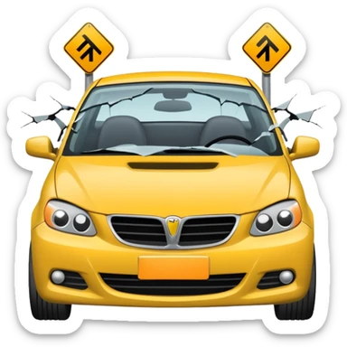 car crashed to a trafic barrier barrier in front of car and car front panel broken sticker