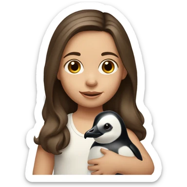 2 year old caucasian girl with shoulder length brown hair holding a penguin stuffed animal sticker